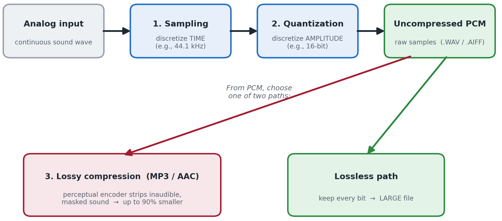 Audio pipeline: PCM versus lossy encoding